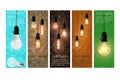 Set of vertical banners with glowing light bulbs in retro style on colorful background isolated vector illustration. Royalty Free Stock Photo