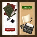 Set of vertical banners realistic vintage literature objects for writing activity and reading isolated illustration