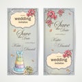 Set of vertical banners wedding invitations with red poppies, cake and a bouquet of roses