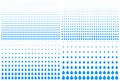 Set of Vertical blue gradient halftone drip dots background. Water template drops texture. Vector drips aqua pattern.