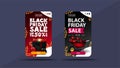 Set of vertical discount banners for Black Friday with wheelbarrow with presents and black gift box