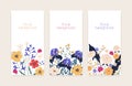 Set of vertical floral card or banners with place for text. Collection of flyers with gorgeous and elegant blooming Royalty Free Stock Photo