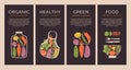 Set of vertical flyer templates with organic, healthy, vegan food.Banners with vector illustrations of vegetables, veggies. Royalty Free Stock Photo