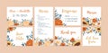 Set of vertical, horizontal and square wedding invitation cards, labels and menu with elegant autumn flowers. Templates