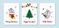 Set of vertical Merry Christmas and Happy New Year greeting cards with cute mice. Hand drawn vector illustration