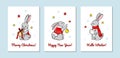 Set of vertical Merry Christmas and Happy New Year greeting cards with cute rabbits. Hand drawn vector illustration