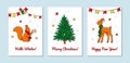 Set of vertical Merry Christmas and Happy New Year greeting cards with cute squirrel and fawn. Hand drawn vector illustration Royalty Free Stock Photo