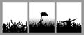 Set of vertical posters. Silhouettes of cheerful crowd people, leader with flag, fans. Vector illustration