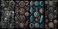 A set of vertical vintage ornate magical runes. Black background. Generative AI