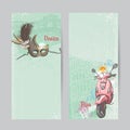 Set of verticall banners of Italy. Cities of Pisa and Venice with a mask and a pink moped