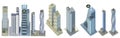 Set of very detailed corporate buildings with fictional design and blue cloudy sky reflection - isolated, top view 3d illustration