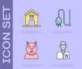 Set Veterinarian doctor, Dog house and paw print, Cat and Pet cat toy icon. Vector Royalty Free Stock Photo