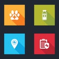 Set Veterinary clinic, Pets vial medical, Location veterinary and Clinical record pet icon. Vector