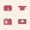 Set VHS video cassette tape, Pager, Waist bag of banana and Photo camera icon. Vector
