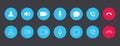 Set of video call icons. Collections white buttons for online video conference on blue circle. Vector