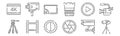 Set of 12 video camera icons. outline thin line icons such as spotlight, shutter, film, play button, screen, super