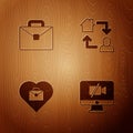 Set Video camera Off on computer, Briefcase, Heart with text work and Online working on wooden background. Vector