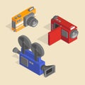 A set of video cameras for different purposes in an isometric projection. Retro style. For apps and games.