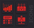 Set Video chat conference, Pie chart infographic, Online class and Online quiz, test, survey icon. Vector