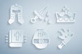 Set Video game bar, King crown, Holy bible book, Sword for, with blood and Medieval helmet icon. Vector Royalty Free Stock Photo