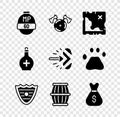 Set Video game bar, Medieval shield with axe, Pirate treasure map, Shield, Gun powder barrel, Old money bag, Bottle