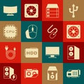 Set Video graphic card, Case of computer, Computer cooler, Server, Data, Web Hosting, mouse, Processor with CPU, monitor Royalty Free Stock Photo