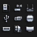Set Video graphic card, Case of computer, Computer monitor screen, Processor with CPU, RAM, random access memory, USB Royalty Free Stock Photo