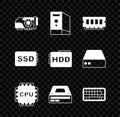 Set Video graphic card, Case of computer, RAM, random access memory, Processor with CPU, Optical disc drive, Keyboard Royalty Free Stock Photo