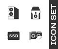 Set Video graphic card, Case of computer, SSD and Uninterruptible power supply icon. Vector