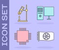 Set Video graphic card, Test tube flask on fire, Processor with microcircuits CPU and Computer monitor icon. Vector Royalty Free Stock Photo