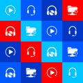 Set Video play button, Headphones with microphone, and CD or DVD and FTP sync refresh icon. Vector