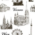 Set of Vienna symbols seamless pattern vector set. Donauturm, Stephansdom, Rathaus, Prater, Vienna State Opera House. Royalty Free Stock Photo