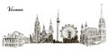 Set of Vienna symbols silhouettes. Cityline. Donauturm, Stephansdom, Rathaus, Prater, Vienna State Opera House. Royalty Free Stock Photo