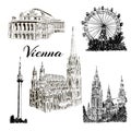 Set of Vienna symbols Vector hand drawn ink pen sketch illustration. Donauturm, Stephansdom, Rathaus, Prater Royalty Free Stock Photo