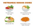 Set of Vietnamese horror food flat vector clipart. Raw blood pudding, balut fertilized duck egg, Bun Dau Mam Tom. Asian food