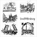 A set of views of St. Petersburg Russia. Graphic sketches. Black and white architecture graphics