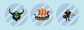 Set of viking equipment. boat and more cartoon icon design template with various models. vector illustration isolated on blue Royalty Free Stock Photo