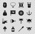 Set Viking in horned helmet, Anchor, Decree, parchment, scroll, flag, Old money bag, Magic rune and Shield viking icon