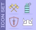 Set Viking in horned helmet, Crossed medieval axes, Medieval shield with sword and Hand grenade icon. Vector Royalty Free Stock Photo