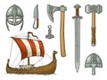 Set viking. Knife, drakkar, axe, helmet, sword, hammer, thor amulet Royalty Free Stock Photo