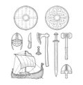 Set viking. Knife, drakkar, axe, helmet, sword, hammer, thor amulet Royalty Free Stock Photo