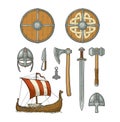 Set viking. Knife, drakkar, axe, helmet, sword, hammer, thor amulet Royalty Free Stock Photo