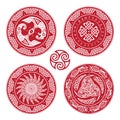 Set Viking shield, decorated with a Scandinavian pattern of dragons and Aegishjalmur, Helm of awe helm of terror