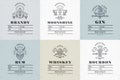 Set of vintage alcohol label design with ethnic elements in thin line style