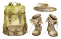 Set with Vintage Backpack, leathery Boots and Hat. Hand drawn watercolor illustration of travel equipment on white