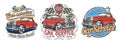 Set of vintage badges, stickers, signage for car service, wash, store of parts with red retro car