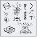 Set of vintage Barber shop design elements, labels, badges and emblems. Royalty Free Stock Photo