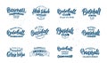 Set of vintage Baseball emblems and phrases. Blue badges, templates and stickers on white background