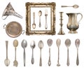 Set of vintage beautiful items. Silverware, frame, kettle, funnel and more isolated on white background Royalty Free Stock Photo
