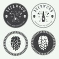 Set of vintage beer and pub logos, labels and emblems with bottles, hops, axes and wheat Royalty Free Stock Photo